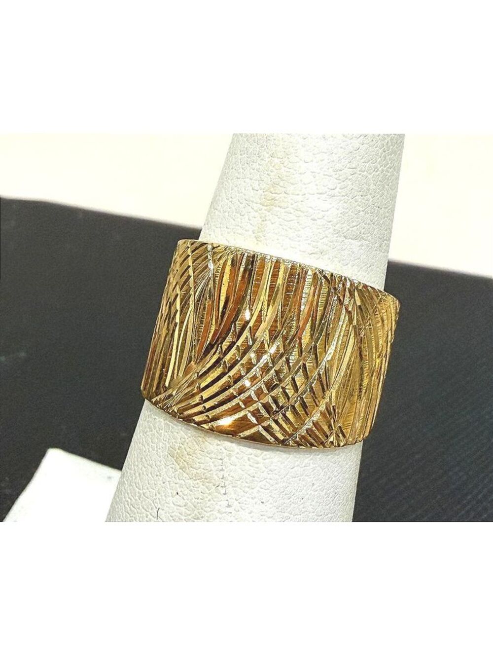 Gold Tone Wide Band Adjustable Ring with Textured Pattern Size 6